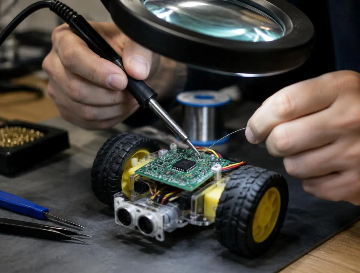 Close-up of a circuit board being soldered under a magnifier
