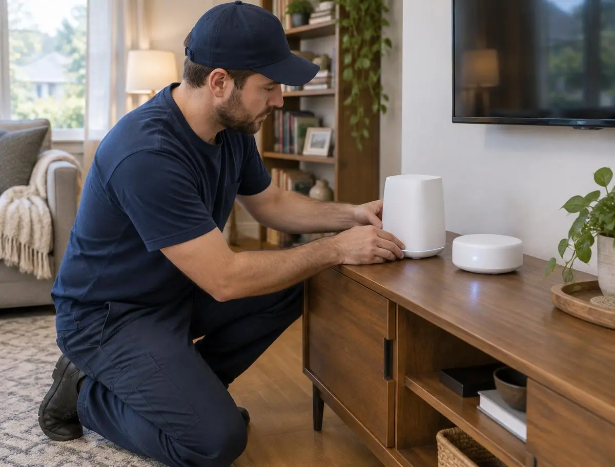 Technician setting up a mesh Wi-Fi router in a living room