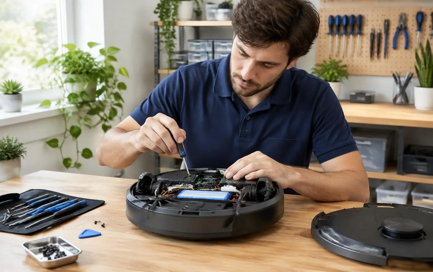 Technician repairing a robot vacuum on a workbench in the Astromech workshop